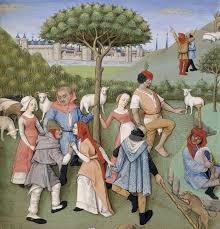 Bailando alrededor del palo de mayo. Ilustración del siglo XIII